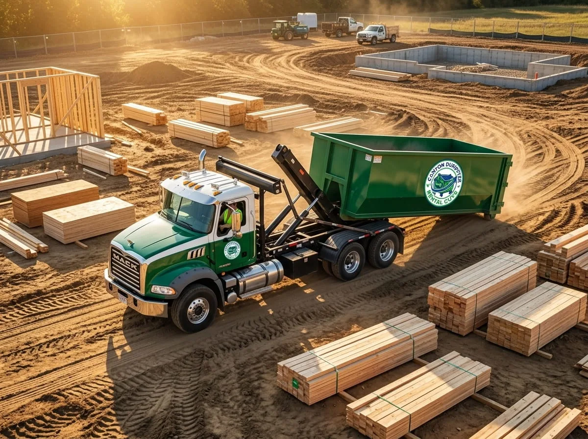 Canton Dumpster Rental Guys crew beside a branded roll-off truck