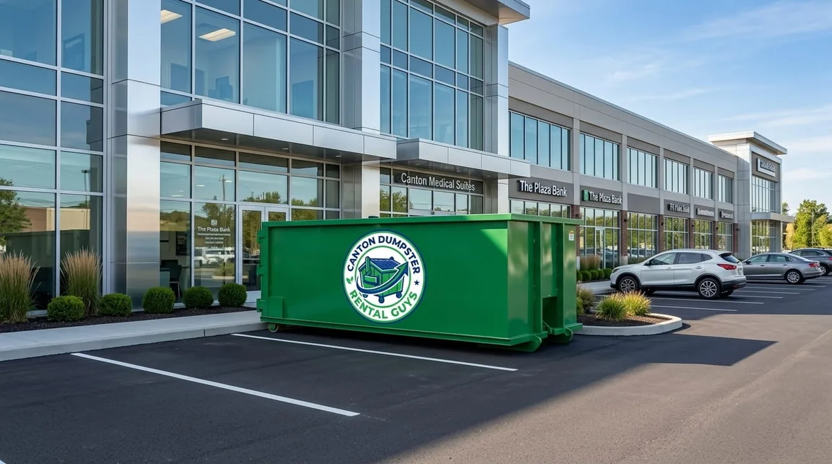 Canton Dumpster Rental Guys roll-off truck delivering a dumpster